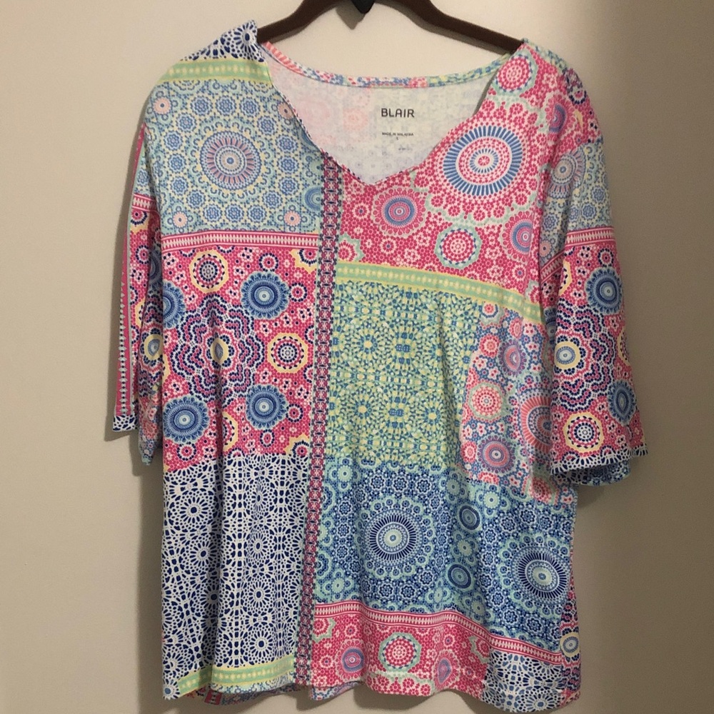 Blair Multi-Color Patchwork V-Neck Short Sleeve Top